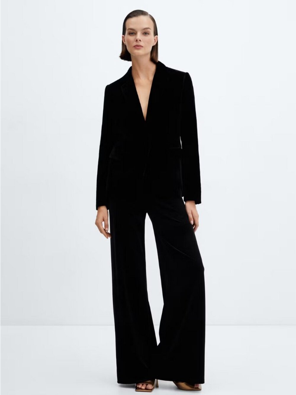 MANGO Women's Black Velvet Wide Leg Pants - Elastic Waist - Size Large - NEW - Picture 2 of 5